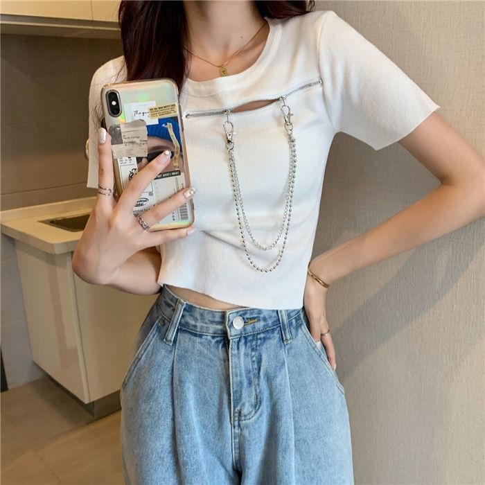 Short-Sleeve Neck Zip T-Shirt Crew Plain Chain