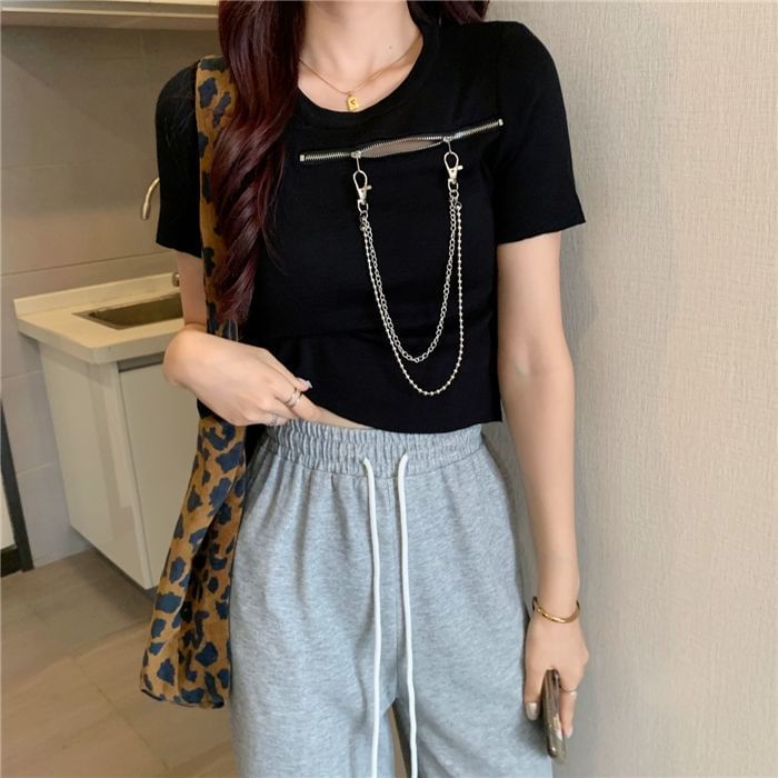 Short-Sleeve Neck Zip T-Shirt Crew Plain Chain