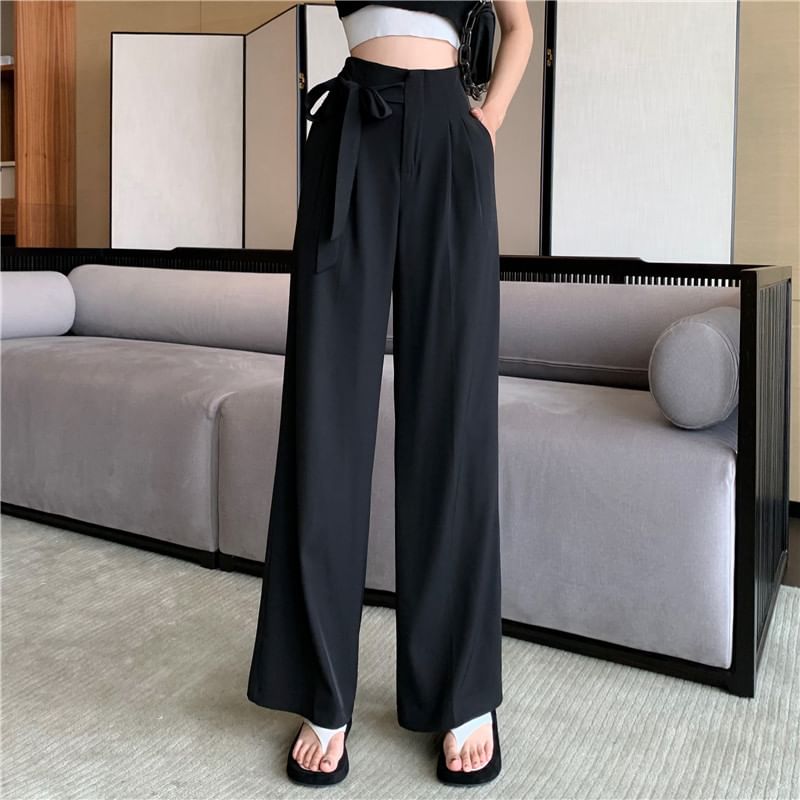 Wide Leg High Pants Dress Plain Tie-Up Waist