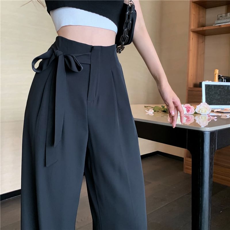 Wide Leg High Pants Dress Plain Tie-Up Waist
