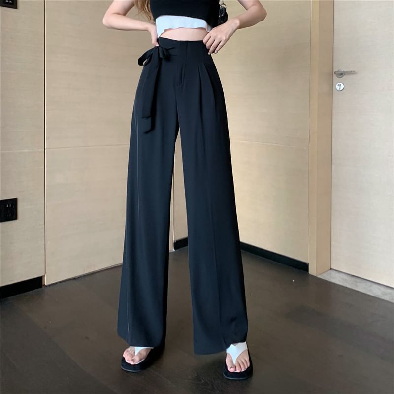 Wide Leg High Pants Dress Plain Tie-Up Waist