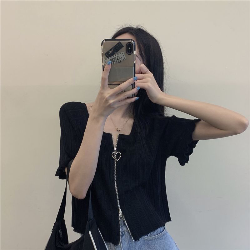 Neck Plain Short-Sleeve Round Ribbed Zip Cardigan