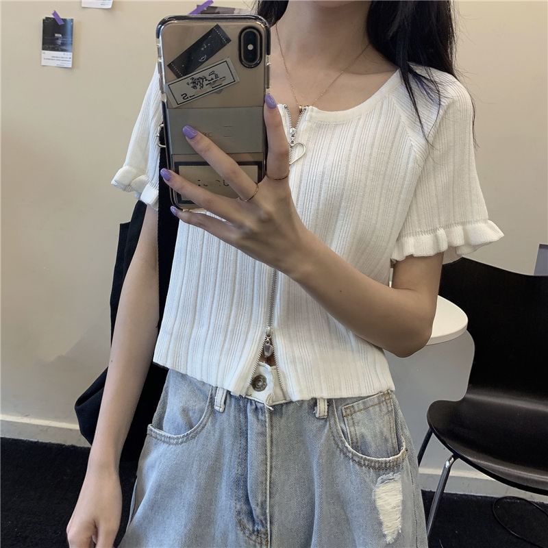 Neck Plain Short-Sleeve Round Ribbed Zip Cardigan