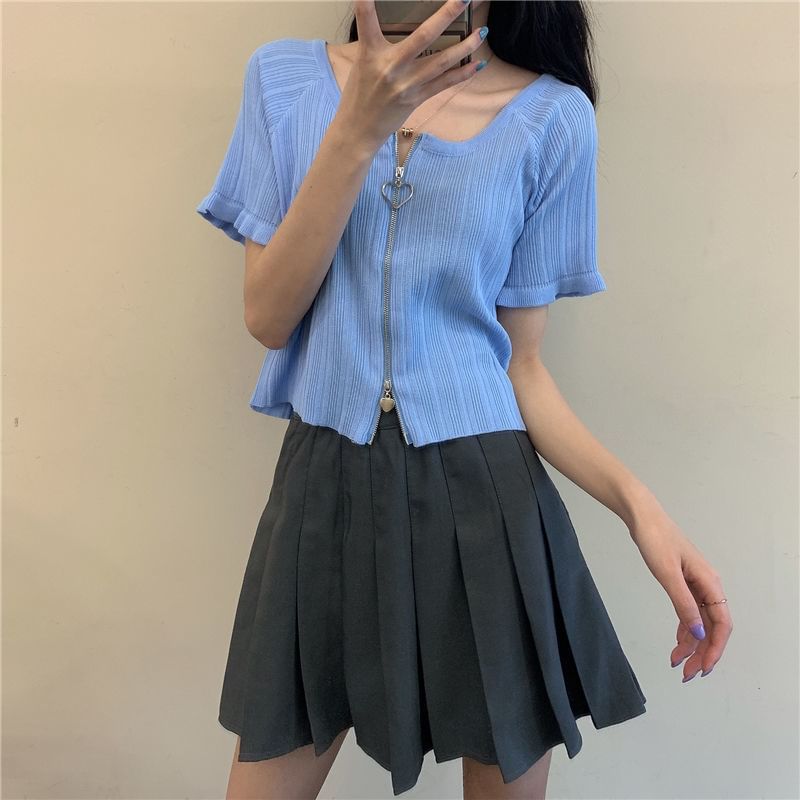 Neck Plain Short-Sleeve Round Ribbed Zip Cardigan