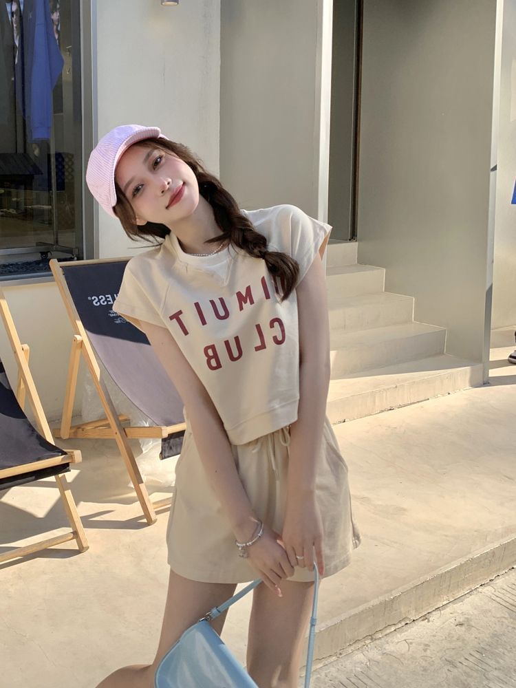 Plain Shorts Crew T-Shirt Drawstring Print Waist Short-Sleeve Set: + Lettering Neck