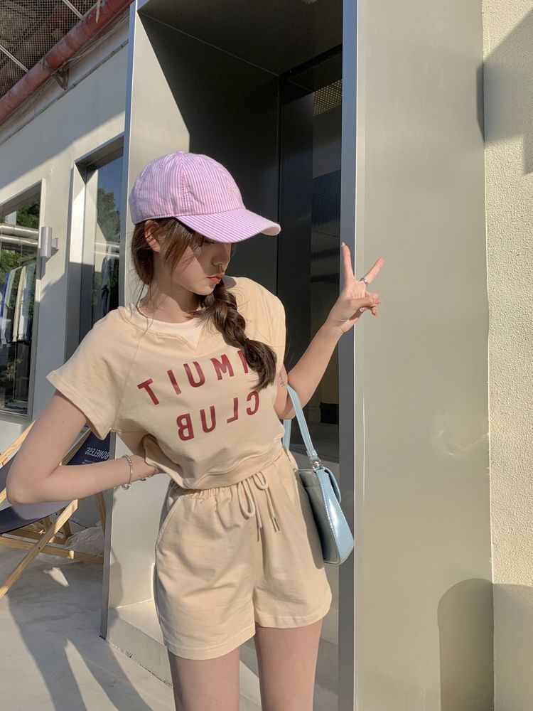 Plain Shorts Crew T-Shirt Drawstring Print Waist Short-Sleeve Set: + Lettering Neck