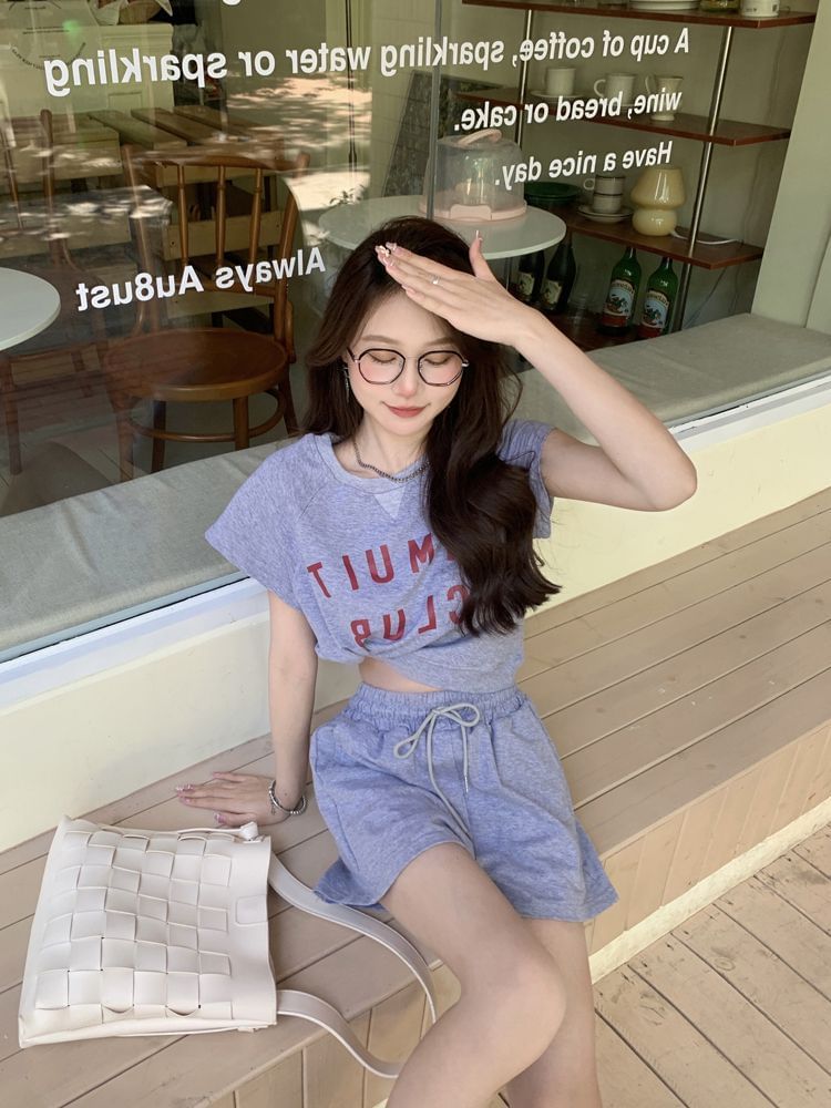 Plain Shorts Crew T-Shirt Drawstring Print Waist Short-Sleeve Set: + Lettering Neck