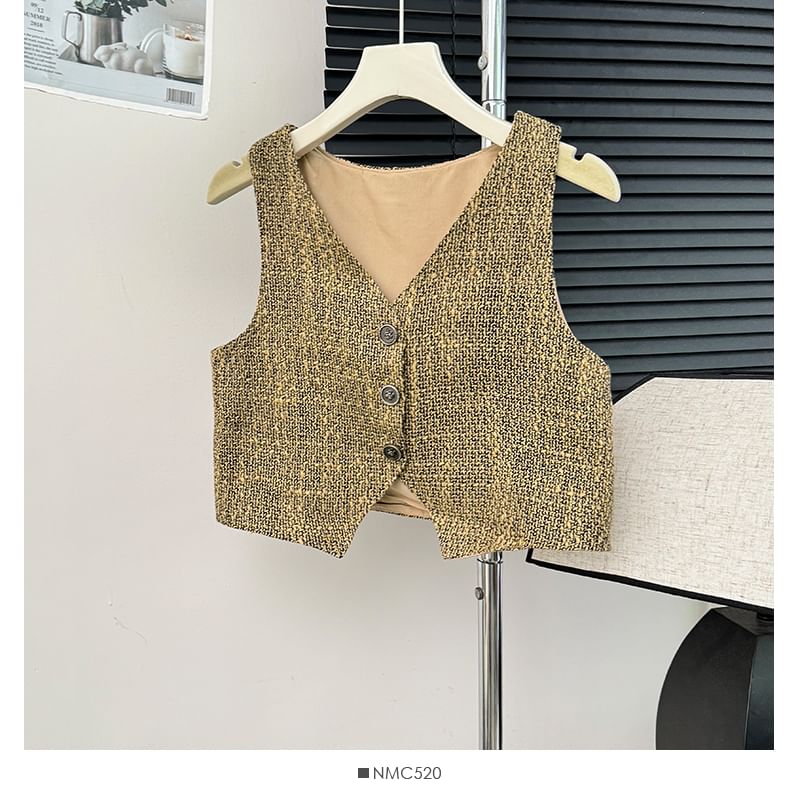 Button-Up V-Neck Tweed Vest
