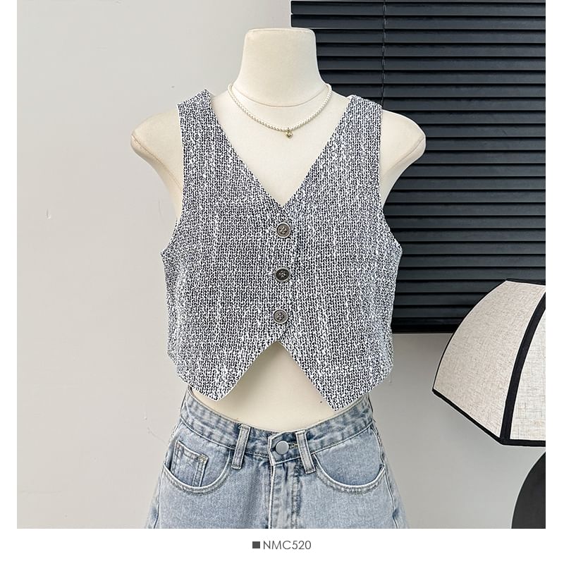 Button-Up V-Neck Tweed Vest