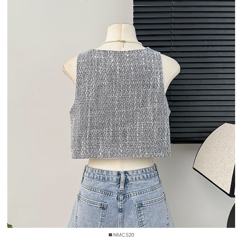 Button-Up V-Neck Tweed Vest