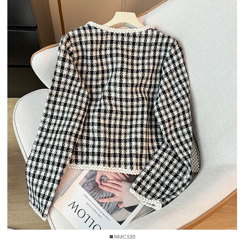 Contrasted Round-Neck Tweed Jacket