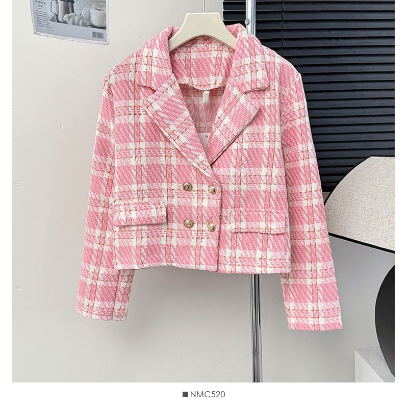 Lapel Double-Breasted Plaid Tweed Jacket