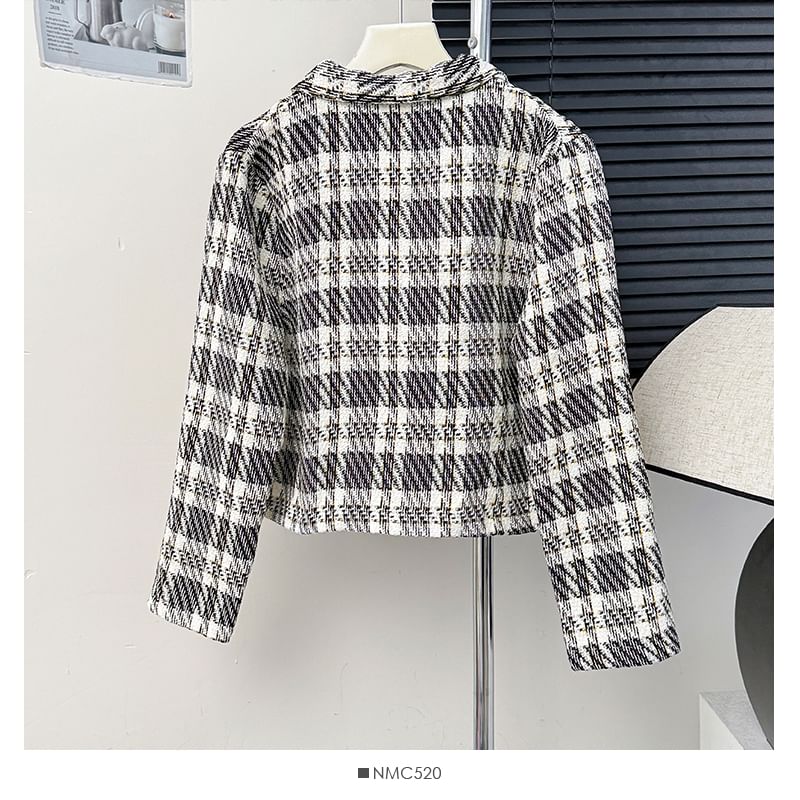 Lapel Double-Breasted Plaid Tweed Jacket