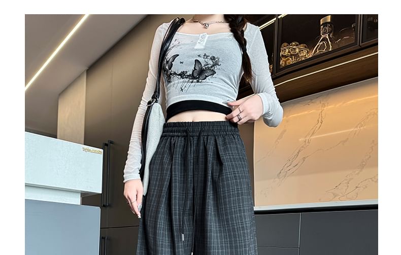 Plaid High Waist Drawstring Wide Leg Pants