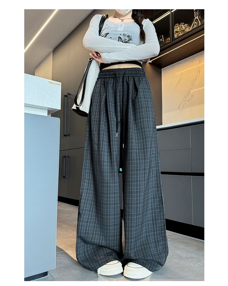 Plaid High Waist Drawstring Wide Leg Pants