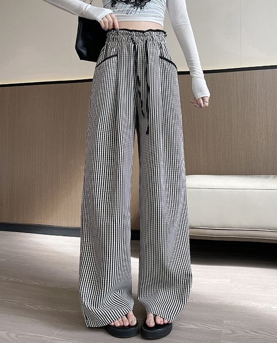 Contrast Panel Pocket Drawstring High Waist Wide Leg Pants