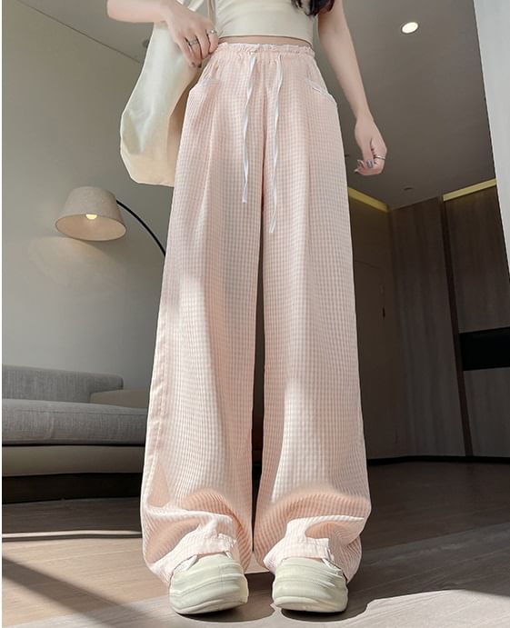 Contrast Panel Pocket Drawstring High Waist Wide Leg Pants