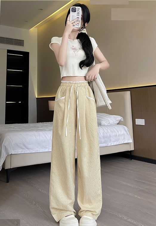 Contrast Panel Pocket Drawstring High Waist Wide Leg Pants