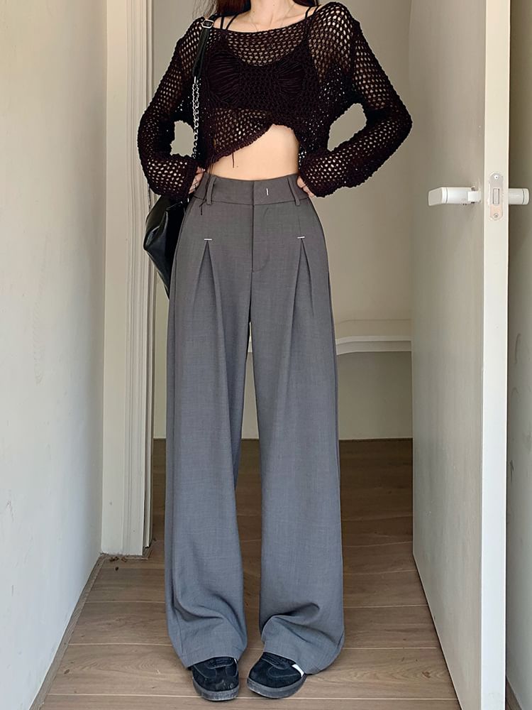 High Rise Plain Loose-Fit Wide-Leg Pants