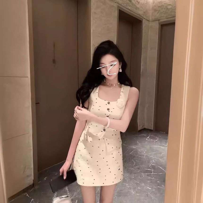 Set: Square Neck Tweed Button Vest + High Waist Mini A-Line Skirt