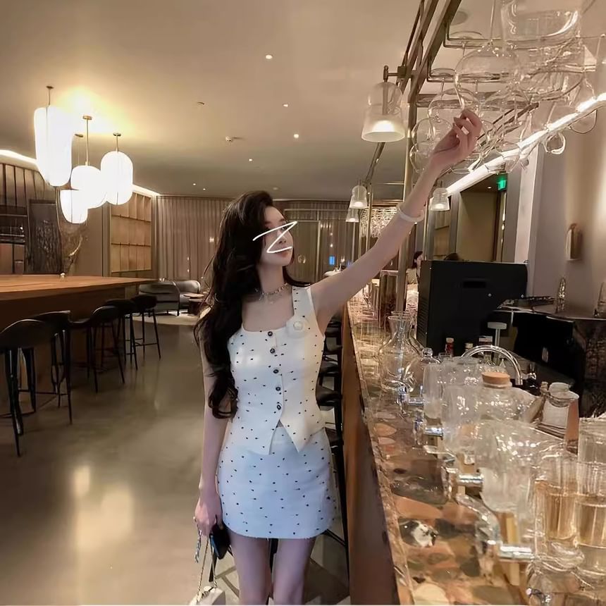 Set: Square Neck Tweed Button Vest + High Waist Mini A-Line Skirt