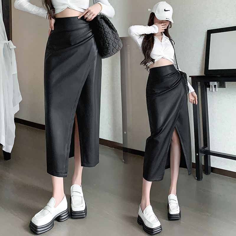 High Rise Plain Faux Leather Slit Midi Pencil Skirt