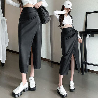 High Rise Plain Faux Leather Slit Midi Pencil Skirt