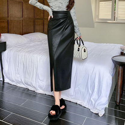 High Waist Plain Faux Leather Slit Midi A-Line Skirt