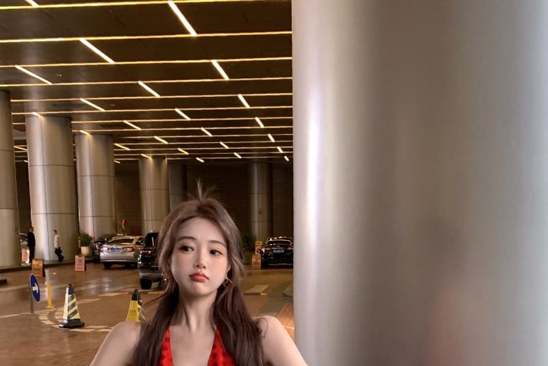 Smock V-Neck Dotted Halter Dress