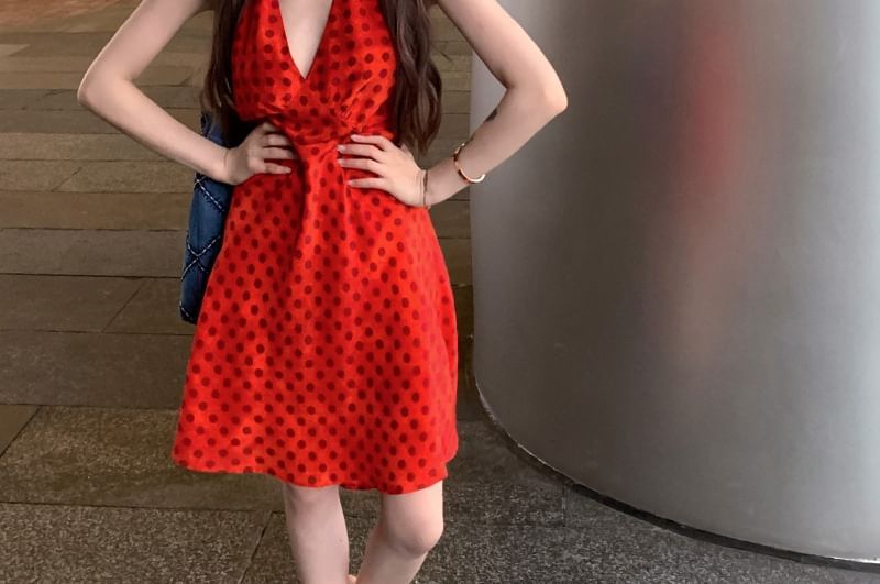 Smock V-Neck Dotted Halter Dress