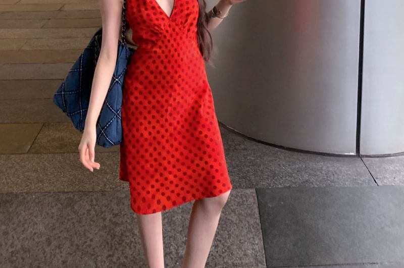 Smock V-Neck Dotted Halter Dress