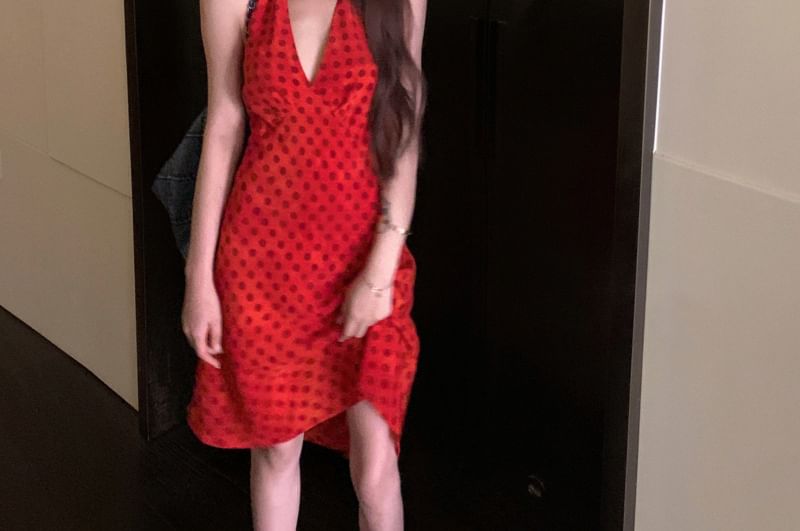 Smock V-Neck Dotted Halter Dress
