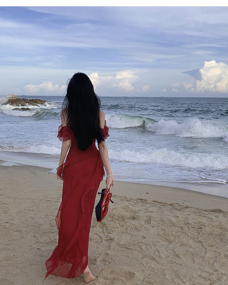 Plain Maxi Ruffle Sundress Cold-Shoulder Asymmetrical