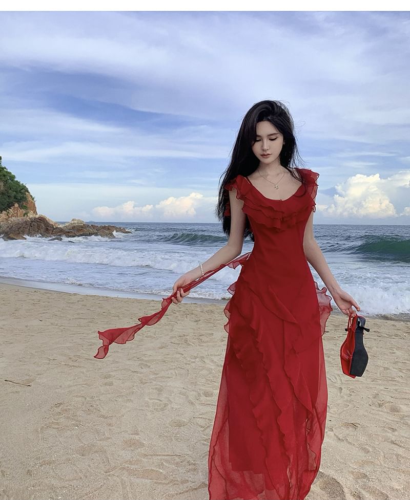 Plain Maxi Ruffle Sundress Cold-Shoulder Asymmetrical