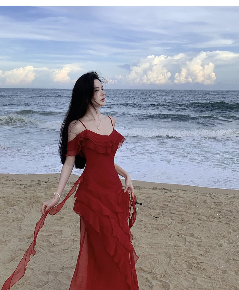 Plain Maxi Ruffle Sundress Cold-Shoulder Asymmetrical