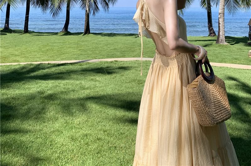 A-Line Plain Slit Spaghetti Strap Dress Maxi Cutout Ruffle