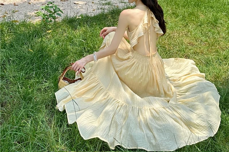 A-Line Plain Slit Spaghetti Strap Dress Maxi Cutout Ruffle