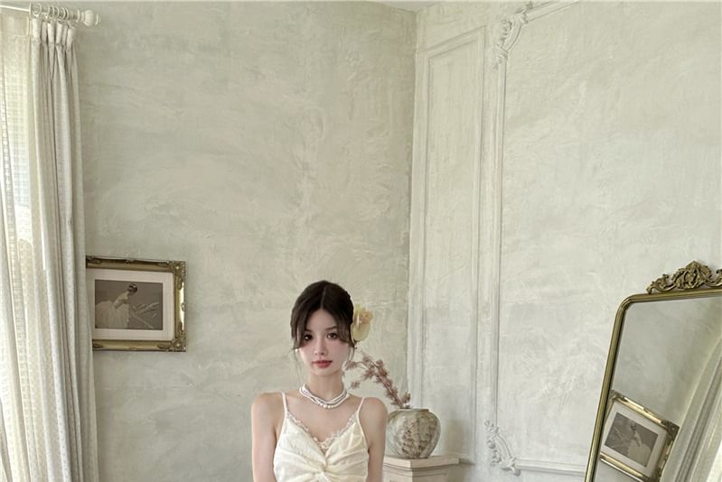 Lace Ruched Slit Plain Strap Panel Maxi A-Line Dress V-Neck Spaghetti