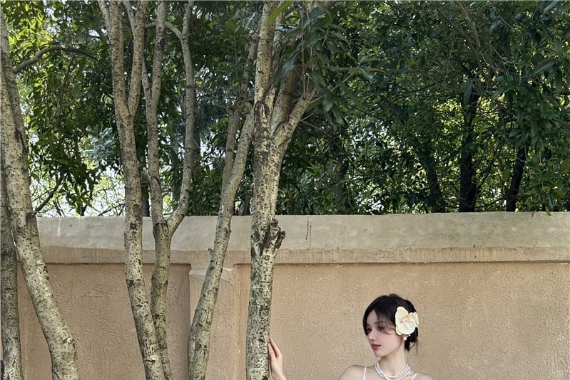 Lace Ruched Slit Plain Strap Panel Maxi A-Line Dress V-Neck Spaghetti