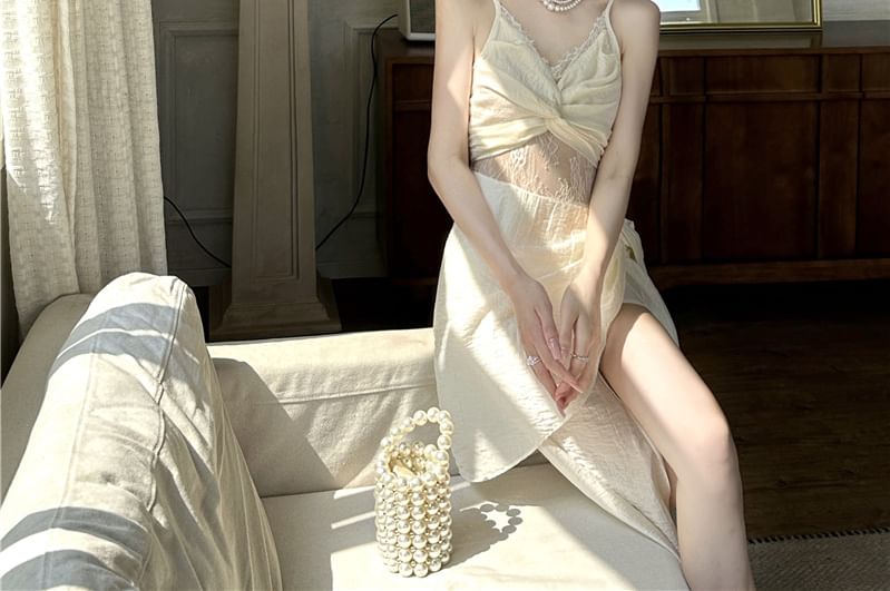 Lace Ruched Slit Plain Strap Panel Maxi A-Line Dress V-Neck Spaghetti