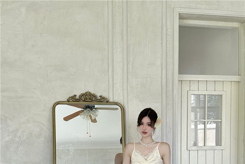 Lace Ruched Slit Plain Strap Panel Maxi A-Line Dress V-Neck Spaghetti