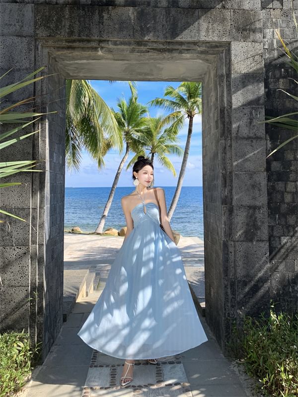 Maxi Dress Halter Plain Tie A-Line Back