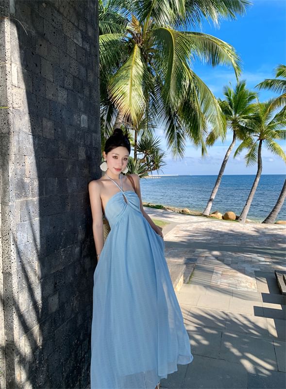 Maxi Dress Halter Plain Tie A-Line Back