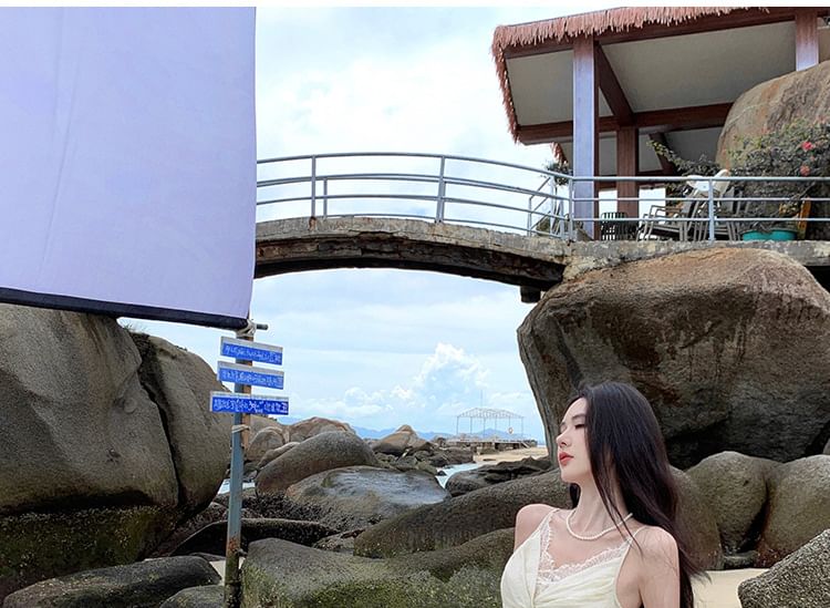 V-Neck Maxi Ruched Plain Slit Strap Spaghetti A-Line Lace Panel