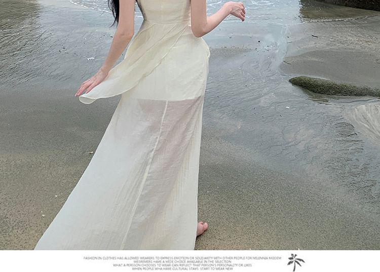 V-Neck Maxi Ruched Plain Slit Strap Spaghetti A-Line Lace Panel