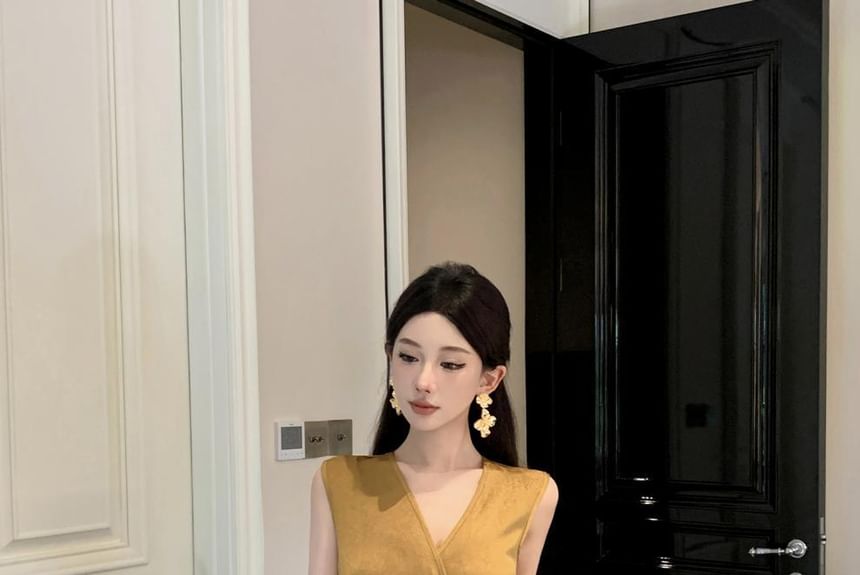 Sheath Slit Ruched Sleeveless V-Neck Wrap Plain Dress Maxi