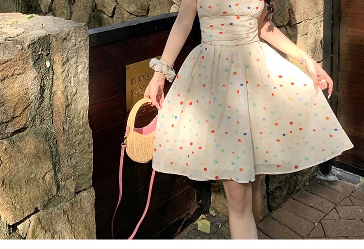 V-Neck Halter Dotted Dress Mini A-Line
