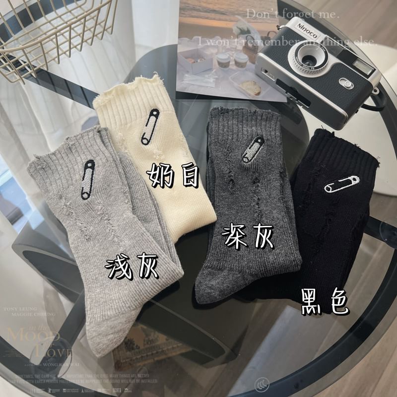 Safety Pin Embroidered Distressed Socks