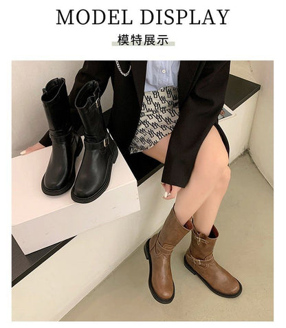 Buckled Low Heel Short Boots