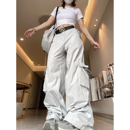 High Waist Plain Pocket Loose-Fit Wide-Leg Cargo Pants